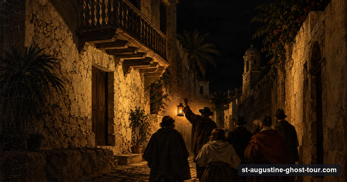 Illustration in the manner of a Spanish tenebrist painting: a small group following a lantern down a narrow coquina-walled street at night