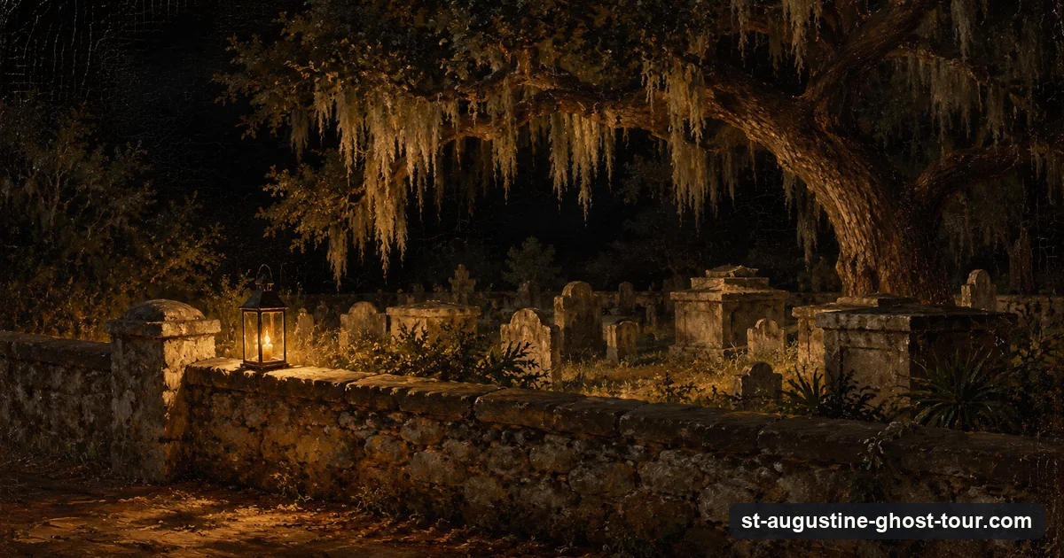 Illustration in the manner of a Spanish tenebrist painting: weathered tombs under a moss-hung live oak lit by one lantern