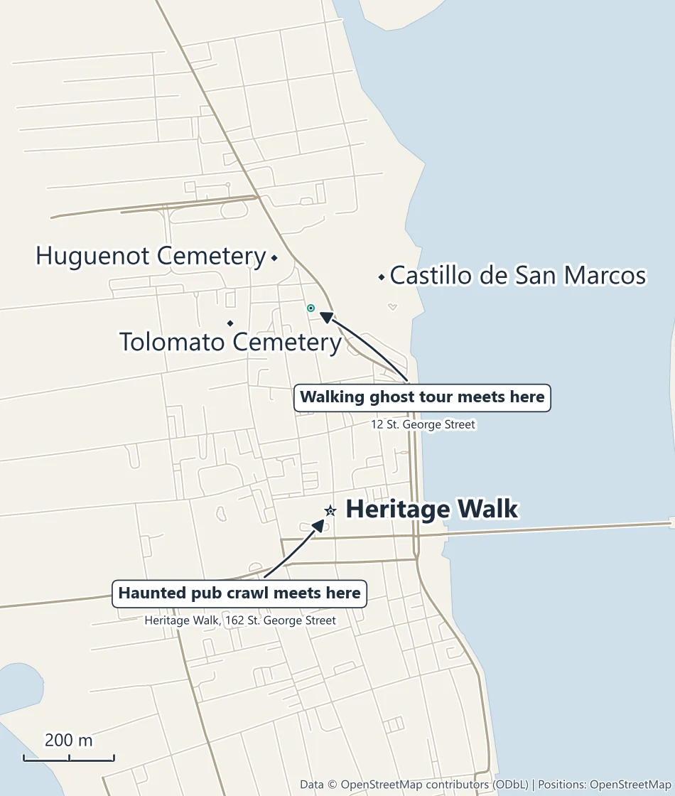 Map of St. Augustine's old town marking the Heritage Walk pub crawl meeting point, 12 St. George Street, the Huguenot and Tolomato cemeteries and the Castillo de San Marcos