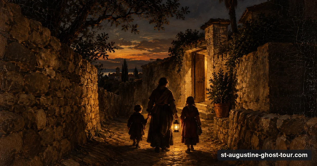 Illustration in the manner of a Spanish tenebrist painting: a parent and two children with a lantern in a narrow coquina lane