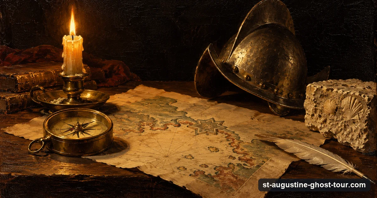 Illustration in the manner of a Spanish still life: a sea chart, brass compass, morion helmet and a block of coquina stone by candlelight