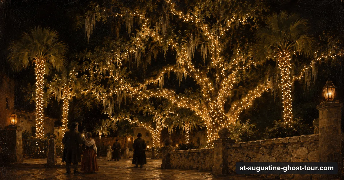 Illustration in the manner of a Spanish tenebrist painting: live oaks wrapped in thousands of tiny white lights over a dark plaza
